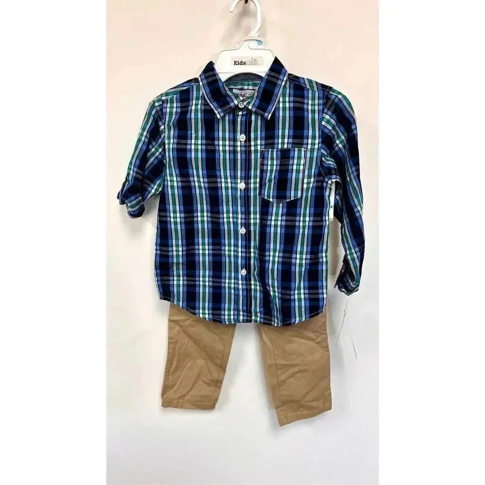 NWT Kids Headquarters Boys Blue Khaki Button Up Shirt Pants Set 2 Piece Size 5